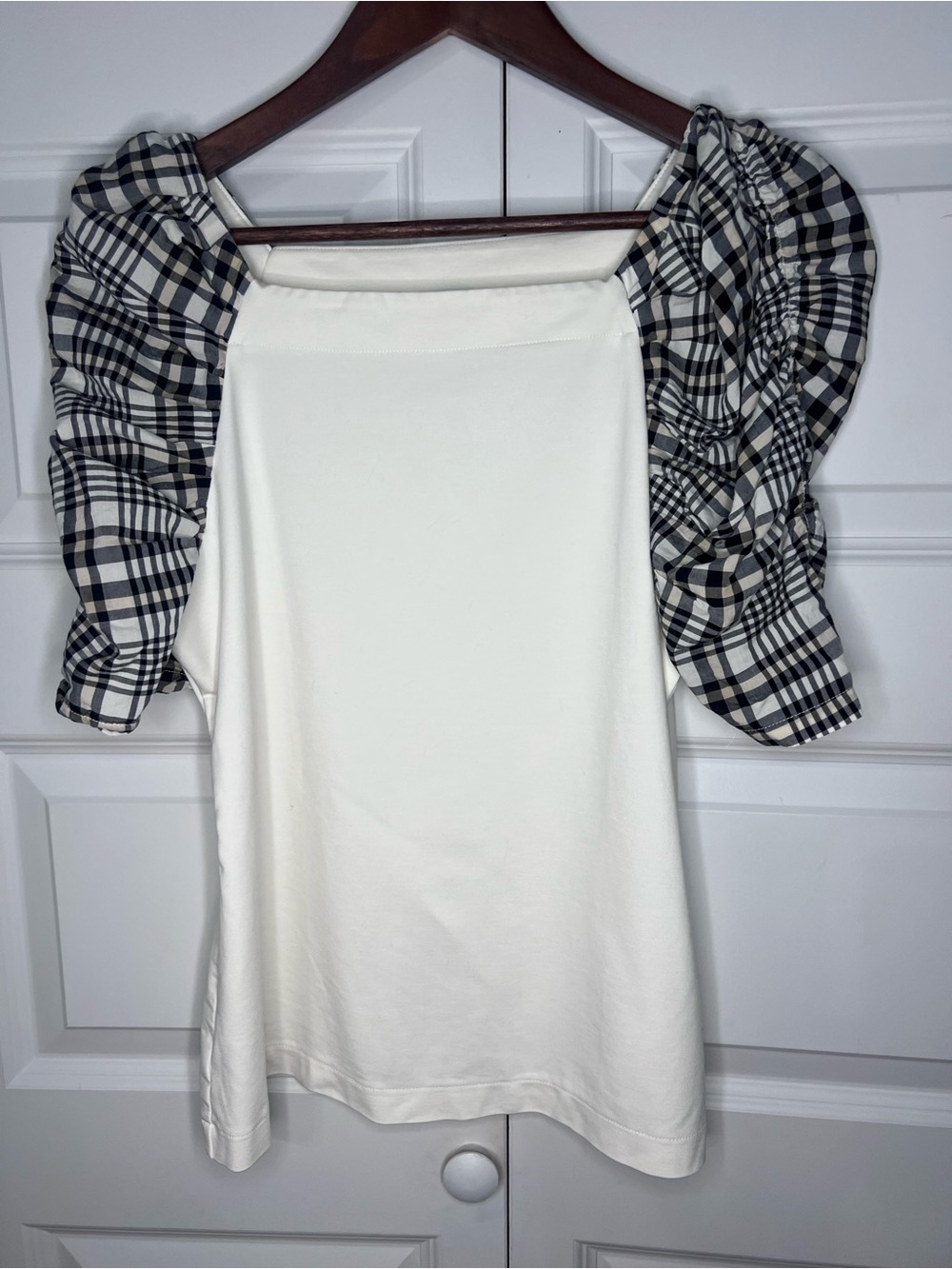 Ann Taylor White Plaid Puff Sleeve Top Blouse Medium M